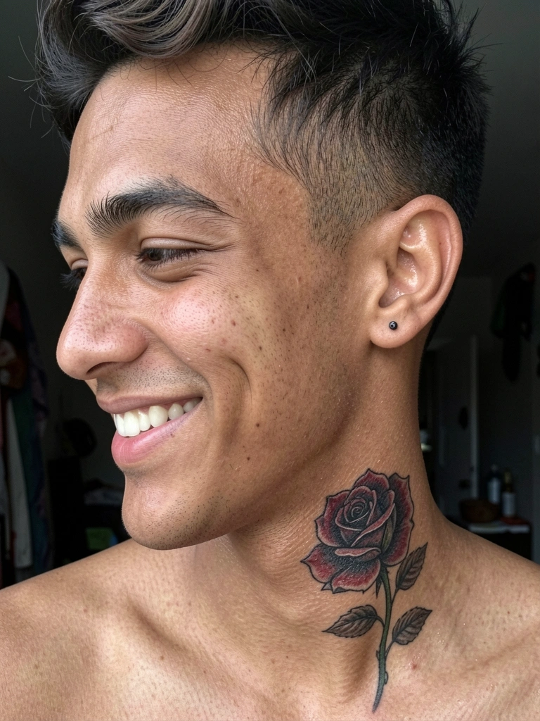 Tatuagem de linha fina em forma de folha na lateral do pescoço de um homem, vista de perfil.