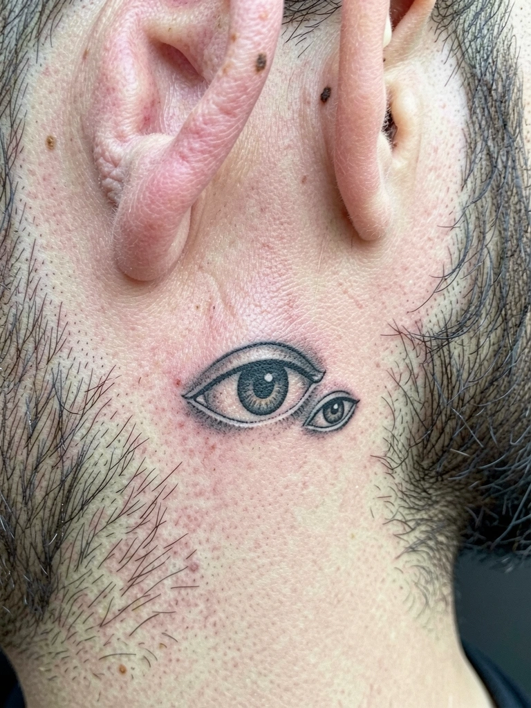 Tatuagem em preto e cinza no pescoço de um homem, com desenho de linhas finas e sombreado.