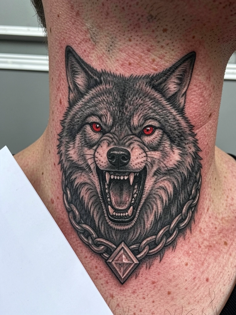 Tatuagem de linha fina em espiral no pescoço de um homem, vista lateral, fundo escuro desfocado.