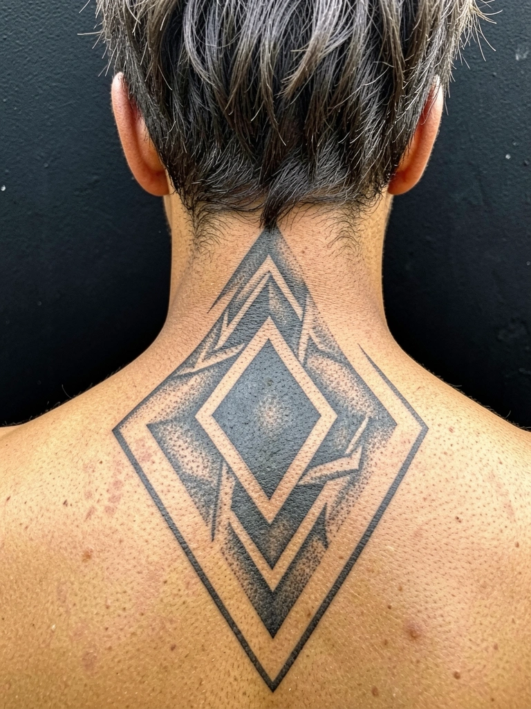 Tatuagem em preto e cinza cobre a lateral do pescoço de um homem, vista em close lateral