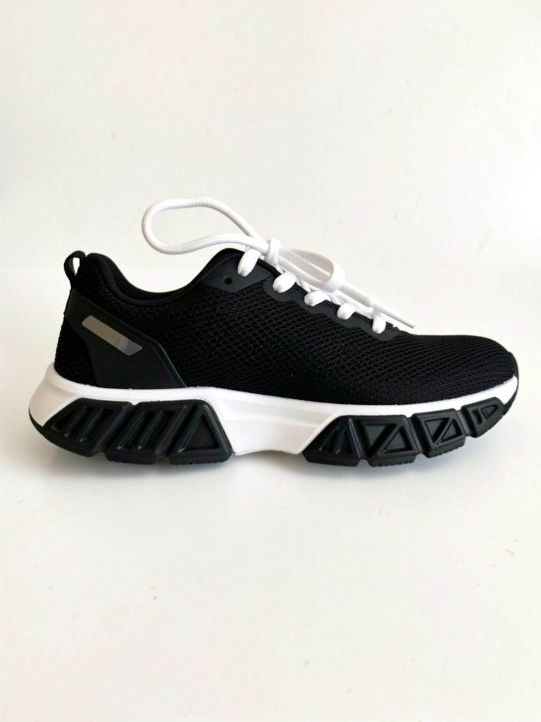 Tênis Nike branco e cinza sobre piso de madeira, visto de cima, com cadarços pretos.