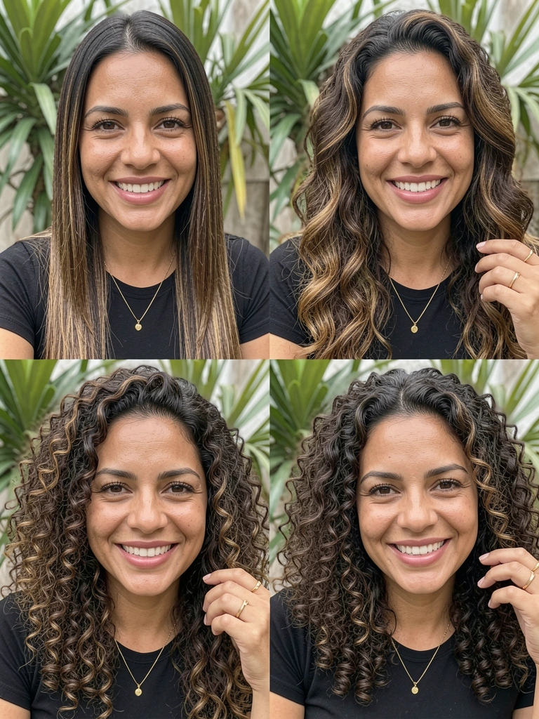 Infográfico com quatro seções ilustrando tipos de cabelo: liso, ondulado, cacheado e crespo, cada um com fios desenhados.