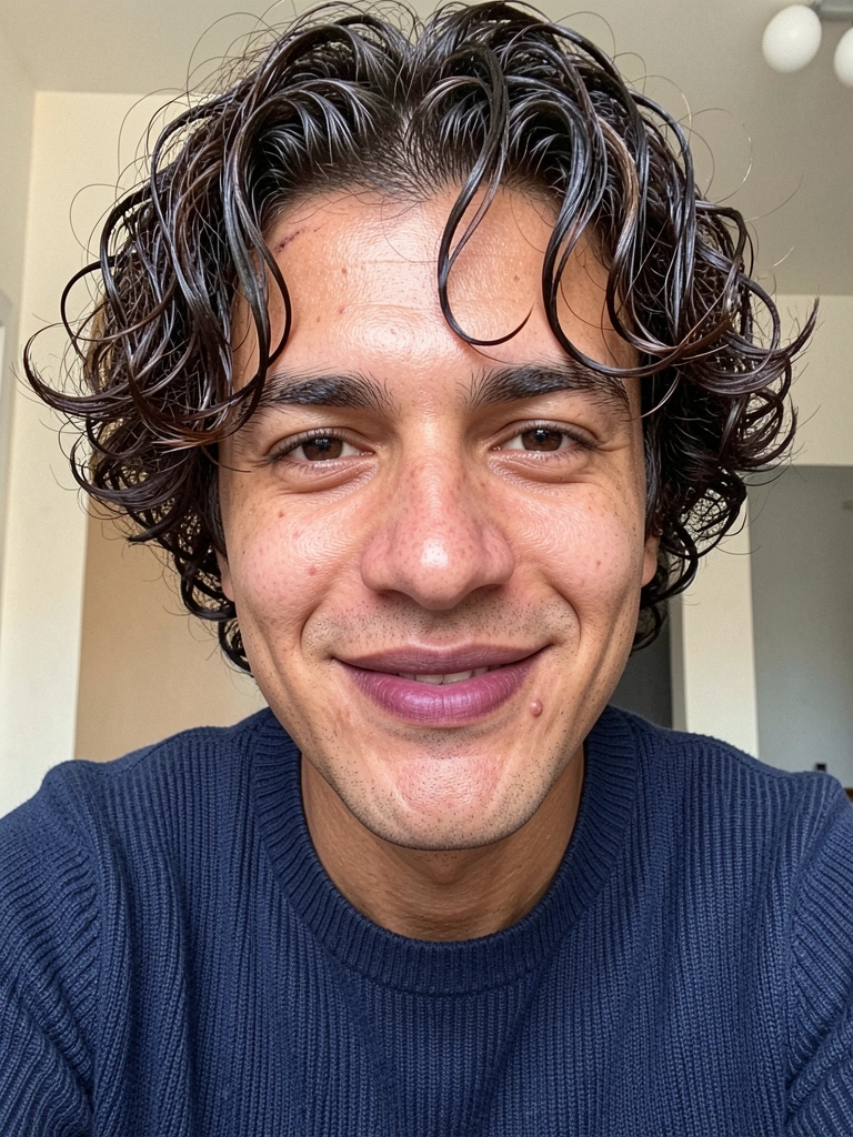 Cabelo masculino com ondas 2C definidas e fios soltos na altura da testa