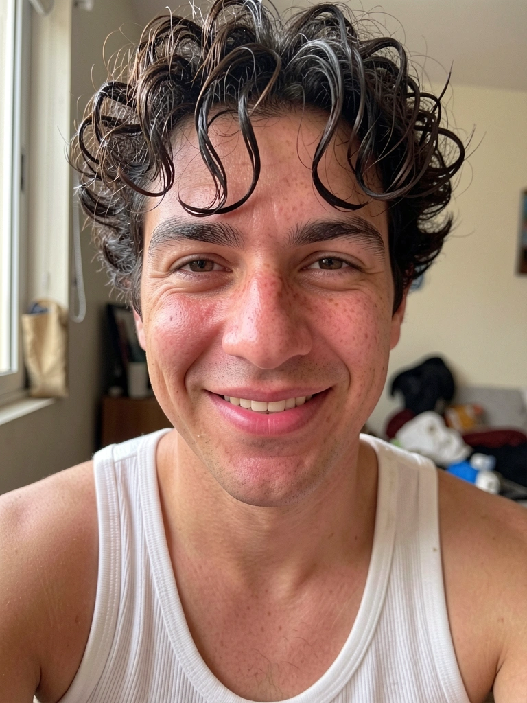 Cabelo masculino cacheado tipo 3 com cachos definidos e volumosos em tom castanho-escuro.