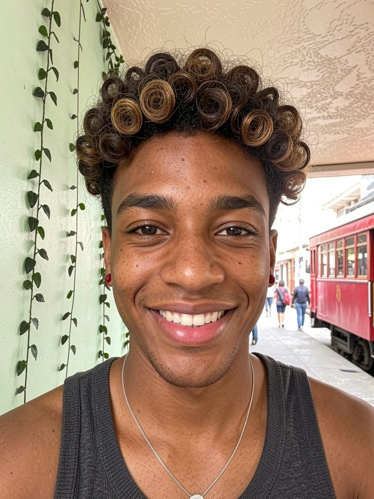 Cabelo masculino cacheado tipo 3A com cachos largos definidos e pouco volume.