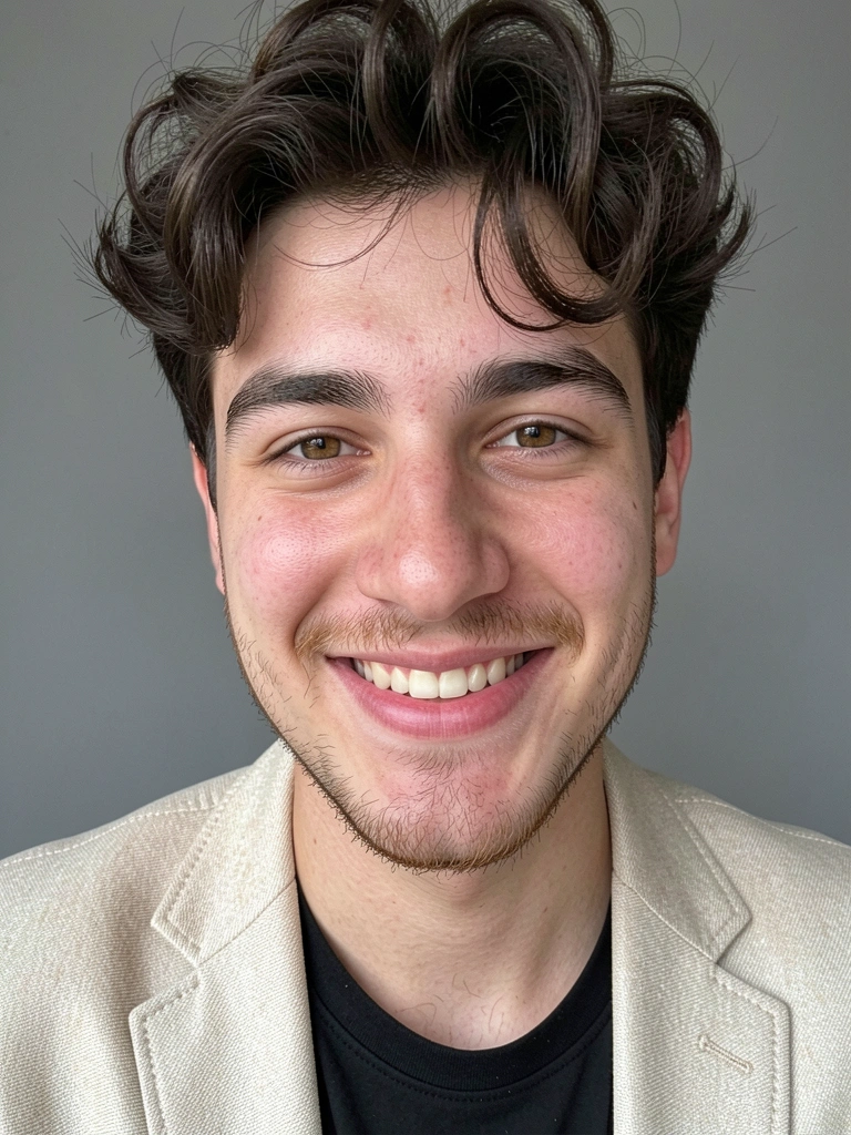 Homem de perfil com franja texturizada e desfiada, cabelo escuro, fundo neutro desfocado.
