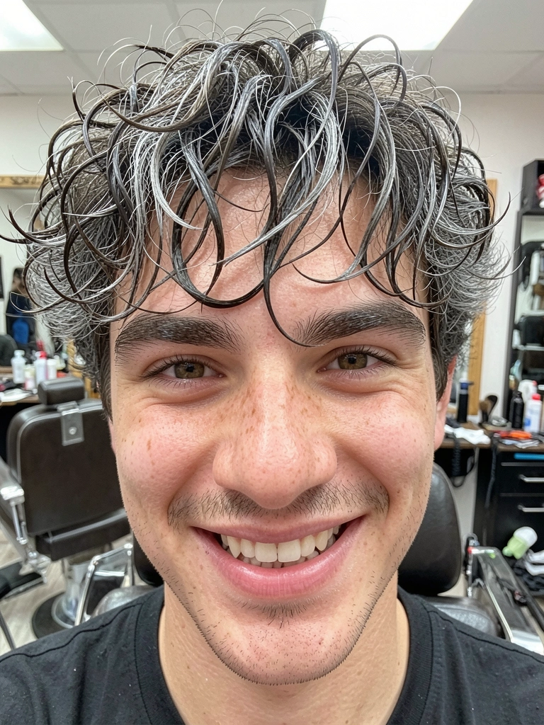 Homem de perfil com franja texturizada caindo sobre a testa, cabelo castanho escuro e barba aparada.