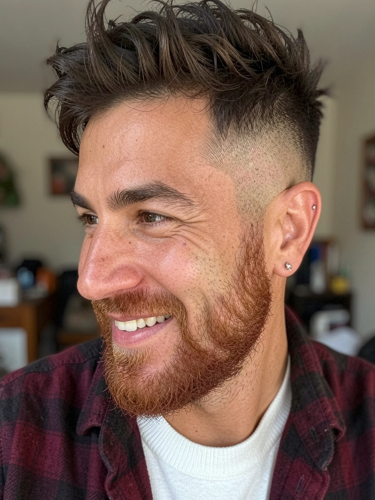 Homem de perfil com franja texturizada e desfiada, cabelo castanho escuro, fundo neutro.